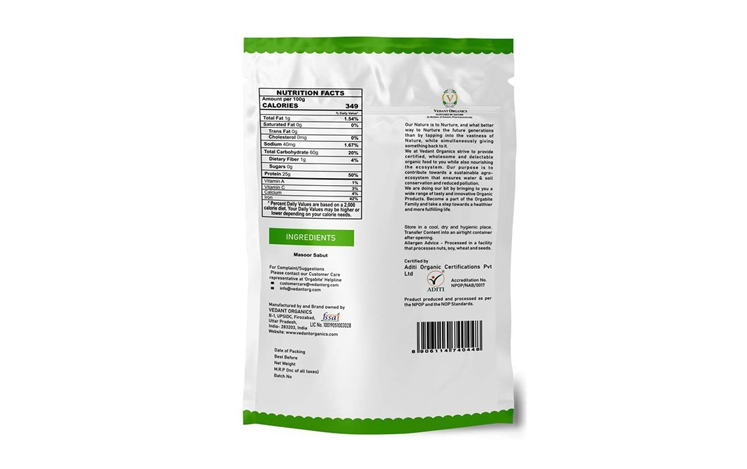 Orgabite Organic Masoor Sabut    Pack  1 kilogram